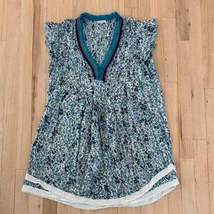 Poupette St. Barth Sasha Flutter Sleeve Dress,  Teal-Blue Floral, Medium